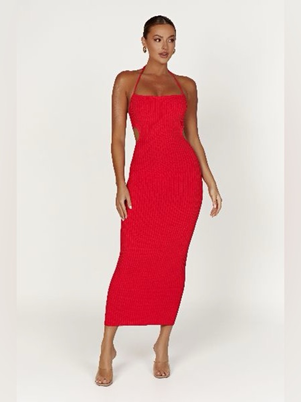 Meshki Red Ribbed Morgan Halter-Back Maxi Dress
